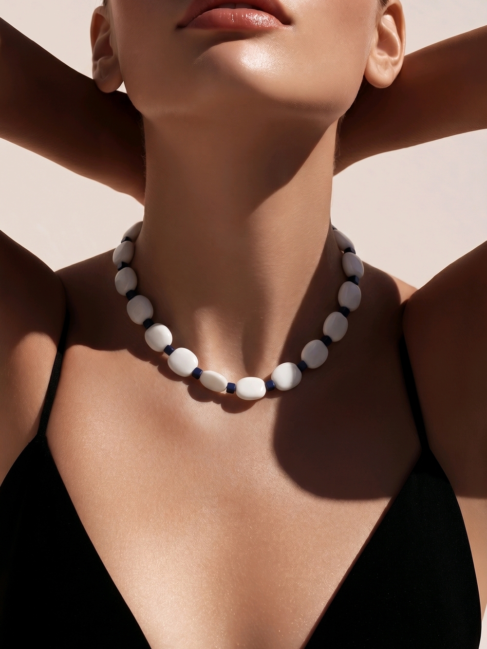 JUST FOR YOU White Lucite Lozenge Bead Necklace w/Navy Blue Cube